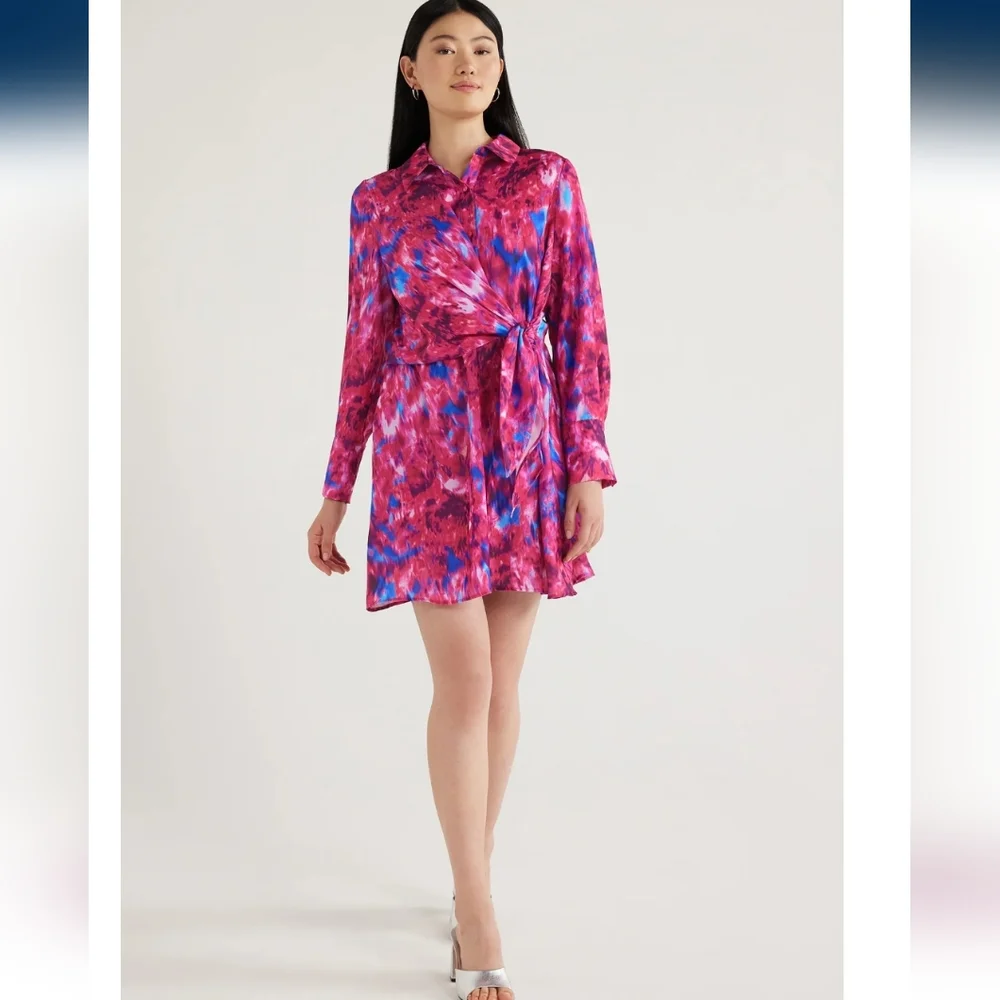 Scoop Long Sleeve Button Front Side Tie Short Dress, L (12-14) Pink multi - Picture 3 of 6